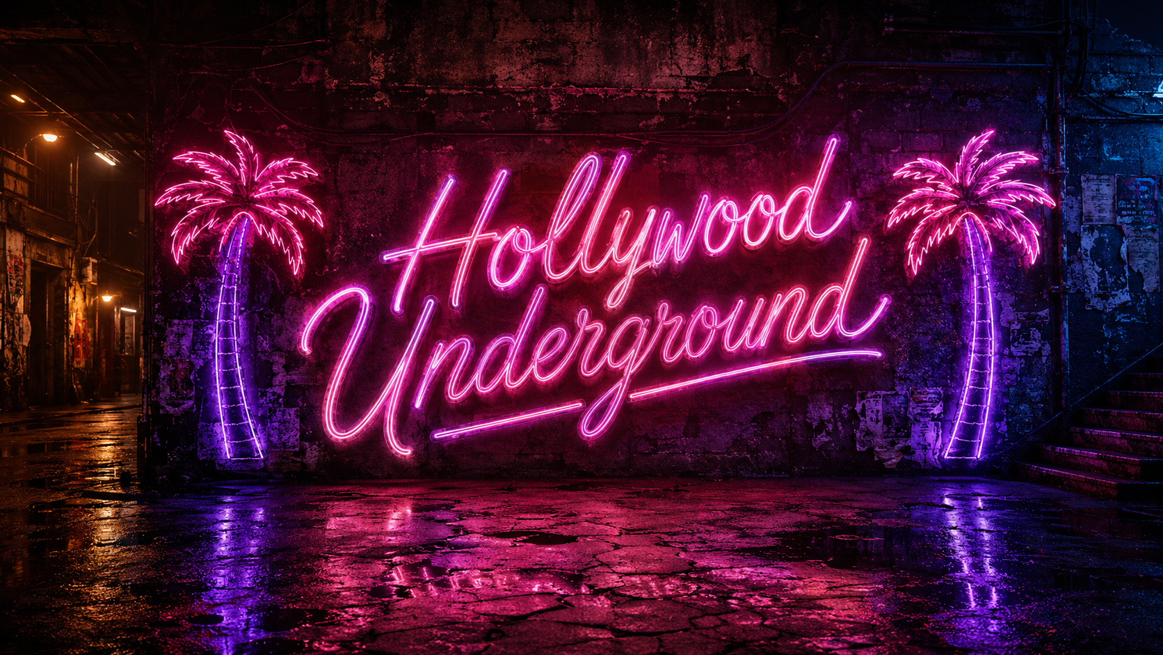 Hollywood Underground — neon palms glowing against a gritty Hollywood alley